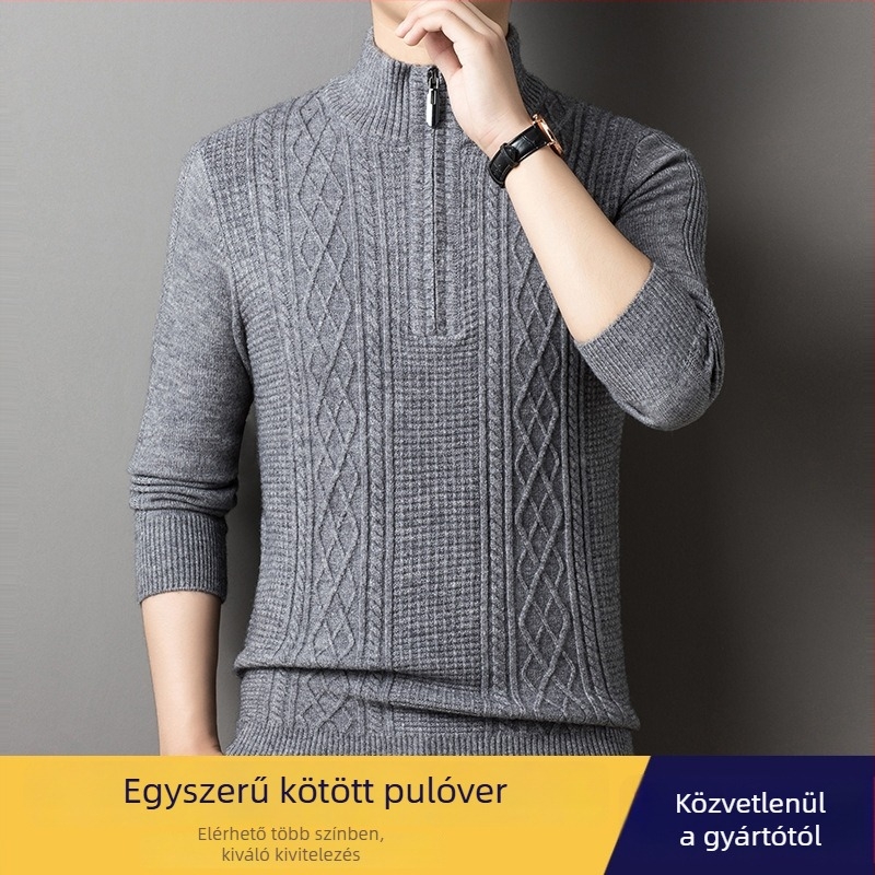 Férfi őszi félcipzáros vast kötött pulóver egyszínű