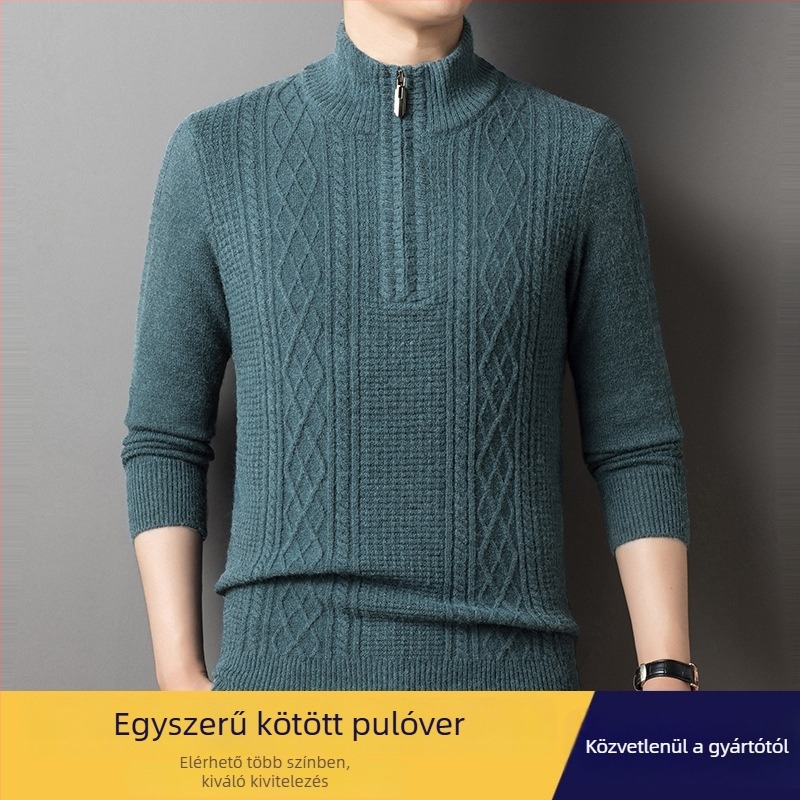 Férfi őszi félcipzáros vast kötött pulóver egyszínű