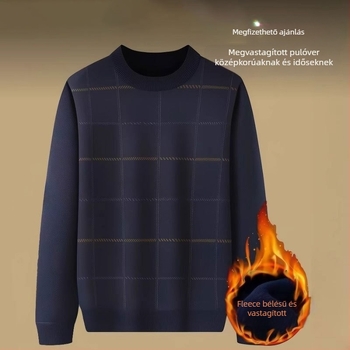 Őszi-téli fleece-béléssel vastag pulóver középkorú és idősebb férfiak számára, laza fazon, kerek nyak, jacquard kötés.