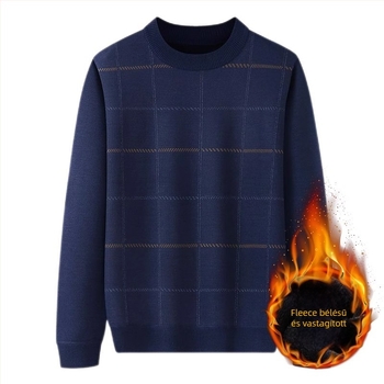 Őszi-téli fleece-béléssel vastag pulóver középkorú és idősebb férfiak számára, laza fazon, kerek nyak, jacquard kötés.