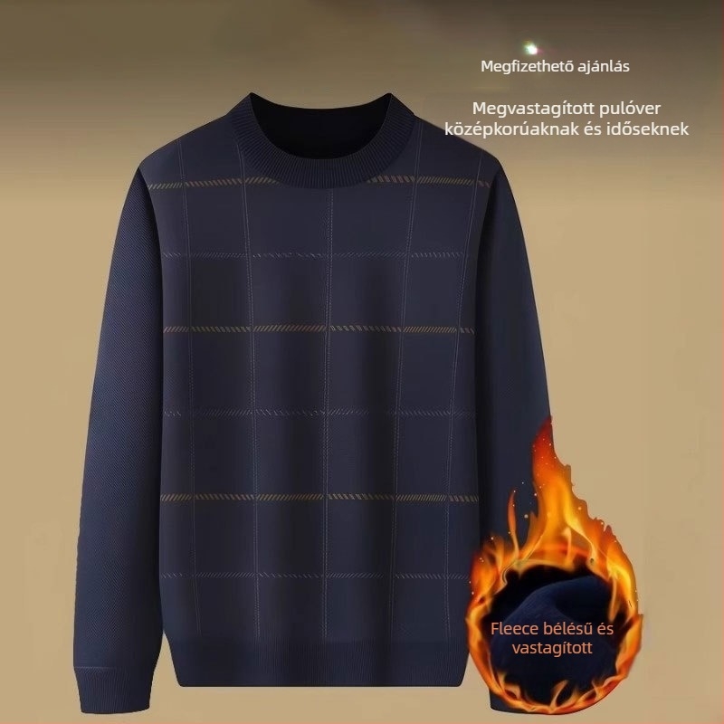 Őszi-téli fleece-béléssel vastag pulóver középkorú és idősebb férfiak számára, laza fazon, kerek nyak, jacquard kötés.