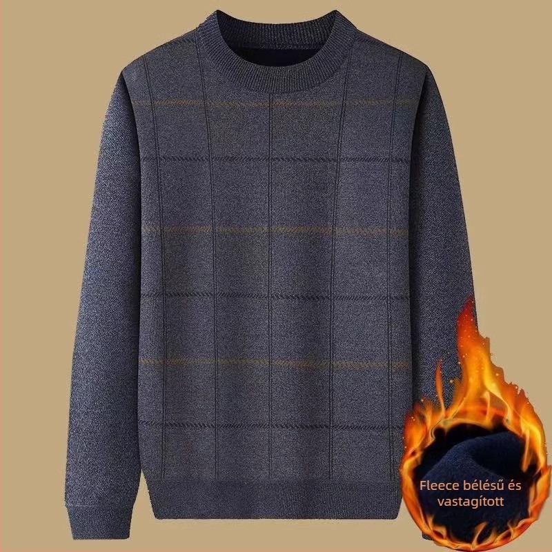Őszi-téli fleece-béléssel vastag pulóver középkorú és idősebb férfiak számára, laza fazon, kerek nyak, jacquard kötés.