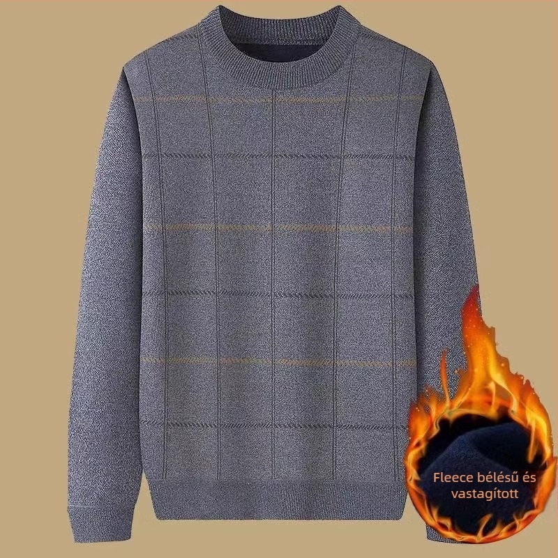 Őszi-téli fleece-béléssel vastag pulóver középkorú és idősebb férfiak számára, laza fazon, kerek nyak, jacquard kötés.