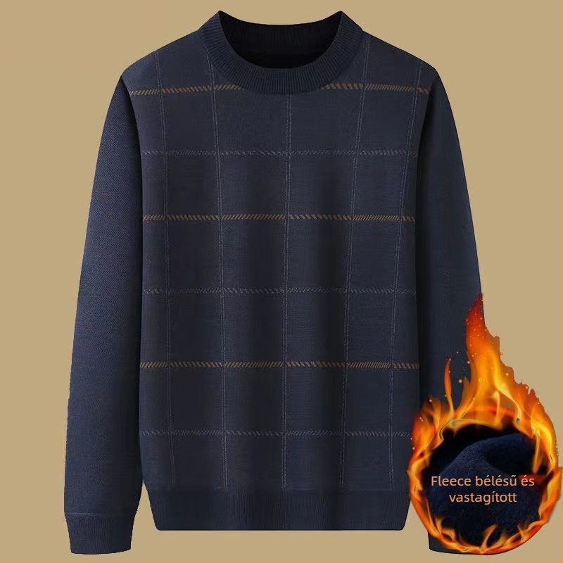 Őszi-téli fleece-béléssel vastag pulóver középkorú és idősebb férfiak számára, laza fazon, kerek nyak, jacquard kötés.