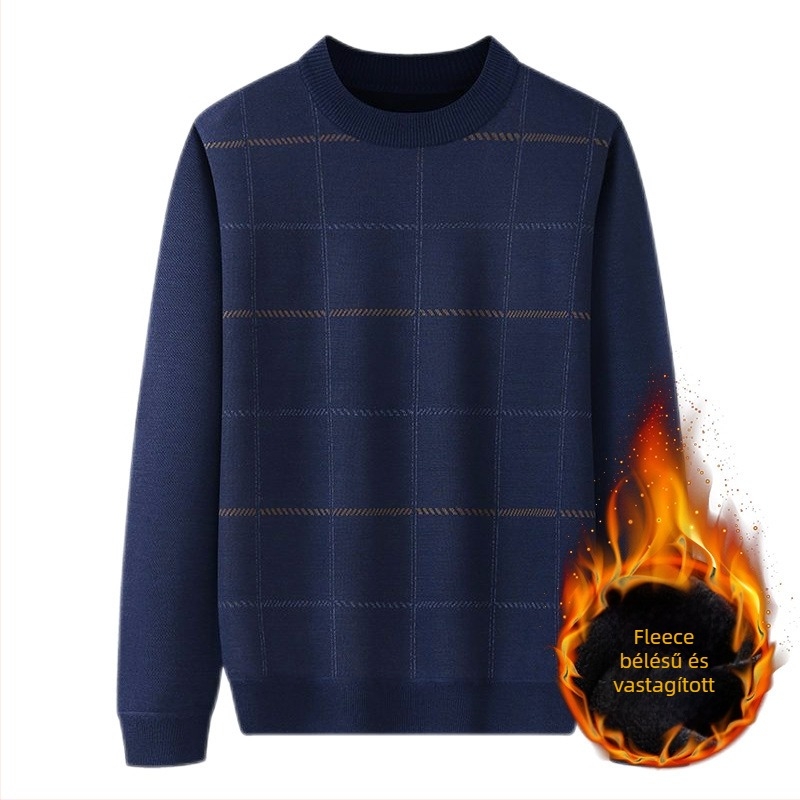 Őszi-téli fleece-béléssel vastag pulóver középkorú és idősebb férfiak számára, laza fazon, kerek nyak, jacquard kötés.