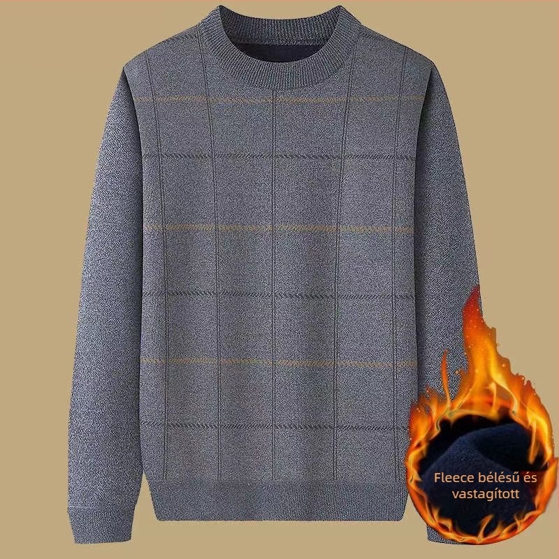 Őszi-téli fleece-béléssel vastag pulóver középkorú és idősebb férfiak számára, laza fazon, kerek nyak, jacquard kötés.