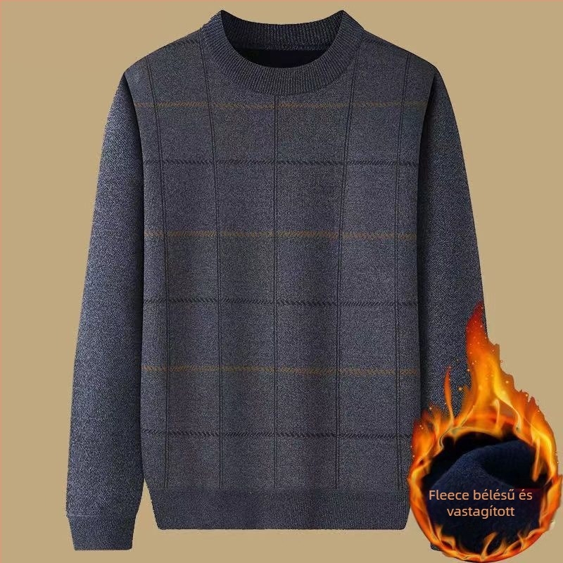 Őszi-téli fleece-béléssel vastag pulóver középkorú és idősebb férfiak számára, laza fazon, kerek nyak, jacquard kötés.