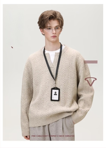 LR MADE 24AW Kisméretű V-nyakú texturált jacquard gyapjú kötött pulóver
