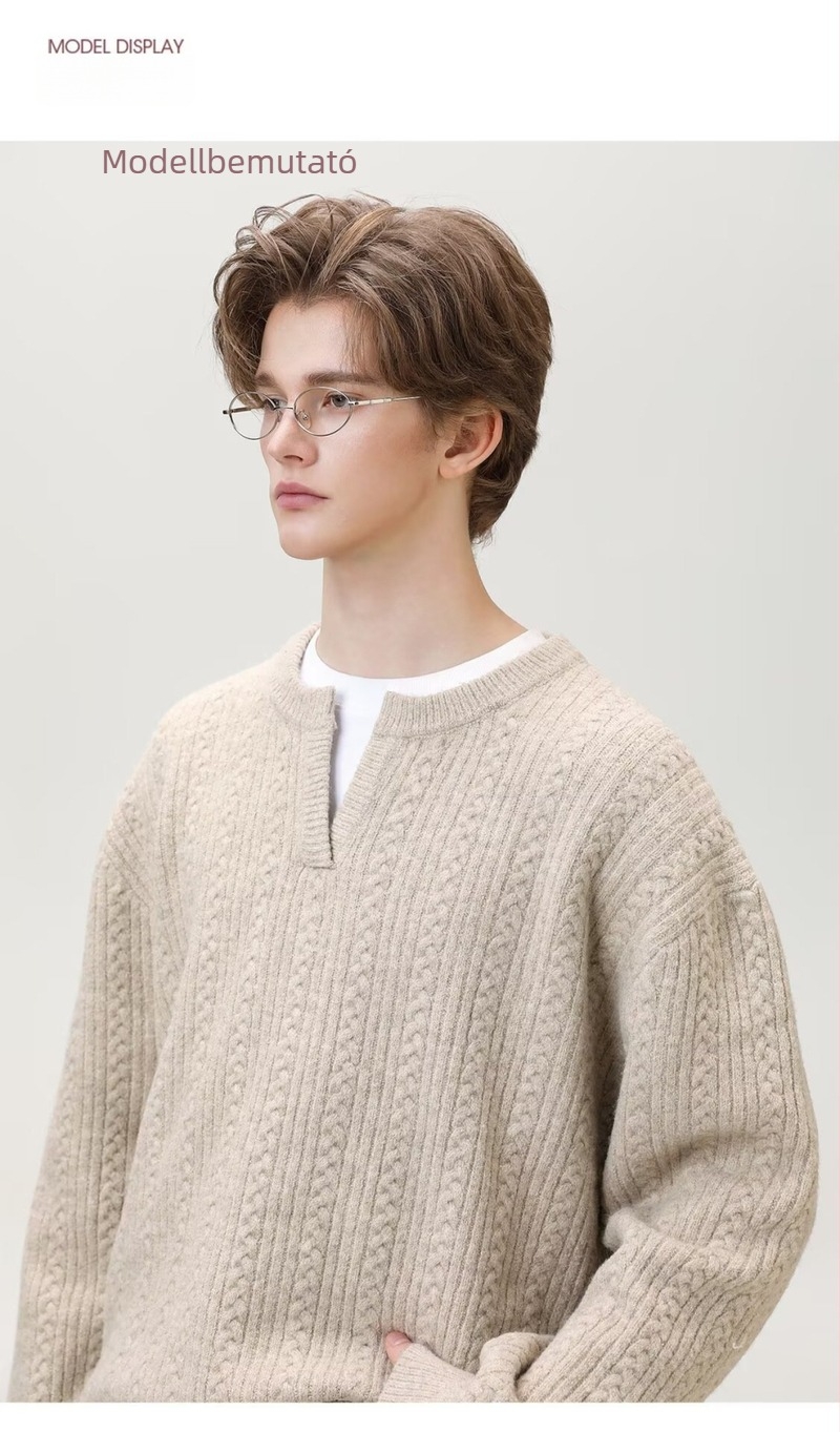 LR MADE 24AW Kisméretű V-nyakú texturált jacquard gyapjú kötött pulóver