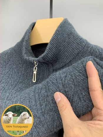 Férfi 100% gyapjú pulóver félmagas galléval és cipzárral, vast téli kötött