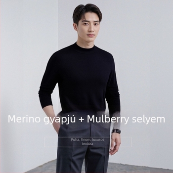 Fin gyapjú kötött pulóver, 30–35% gyapjú, kerek nyakú, jacquard mintázat, lazán szabott