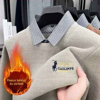 Férfiaknak készített vastag kötött pulóver fleece béléssel és gallérral, inghatású két részes