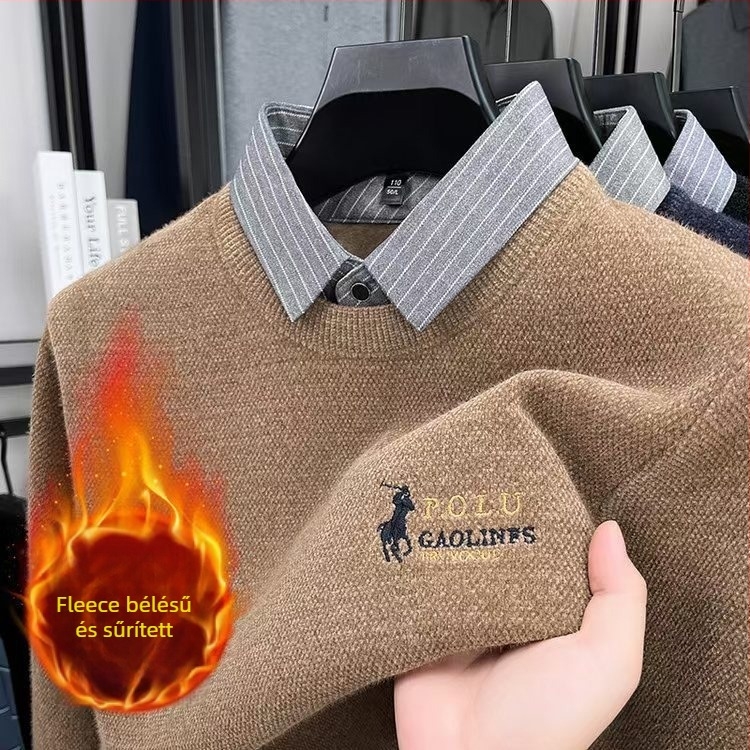 Férfiaknak készített vastag kötött pulóver fleece béléssel és gallérral, inghatású két részes