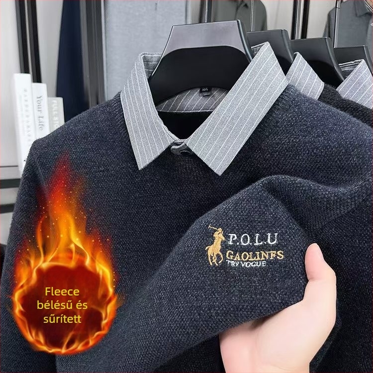 Férfiaknak készített vastag kötött pulóver fleece béléssel és gallérral, inghatású két részes