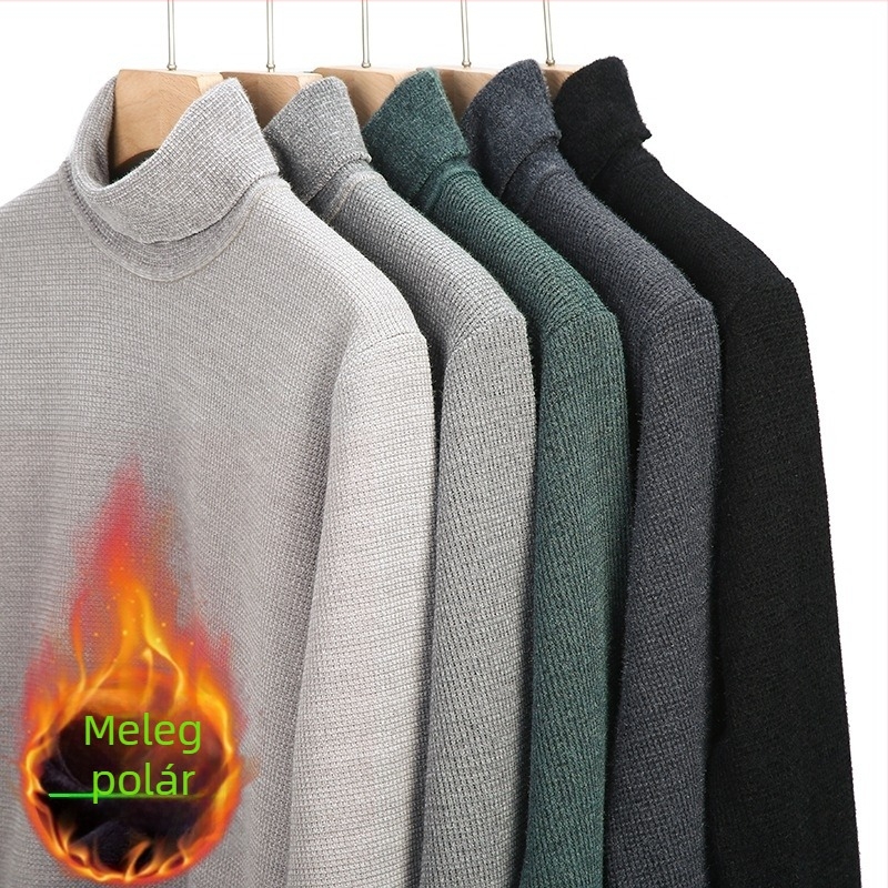 Férfi téli magas nyakú pulóver Chenille kötésű, fleece-sel bélelt, meleg alsó réteg