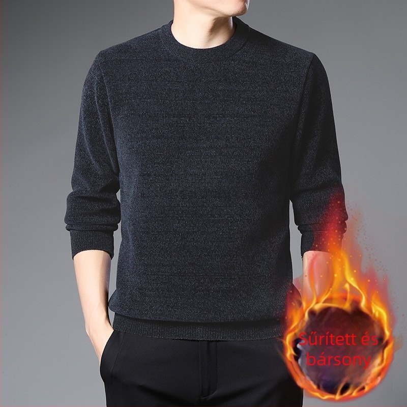 Férfi Chenille pulóver fleece-béléssel, vast kötött, koreai stílus, laza szabású, félmagas gallér
