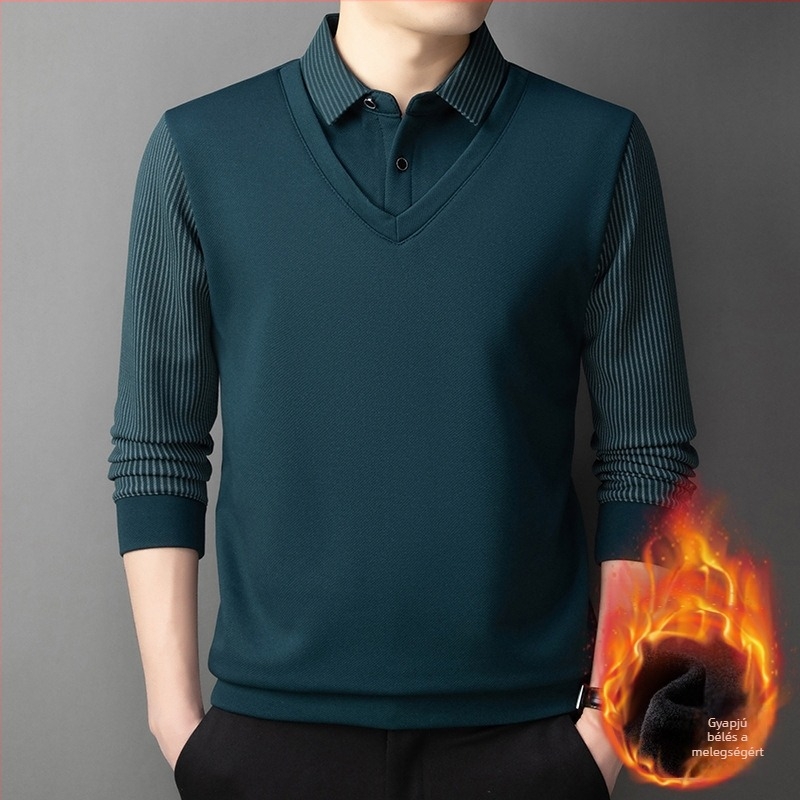 Fleece-öltött csíkos kötött felső, galléros, férfiaknak, őszi-téli szezon