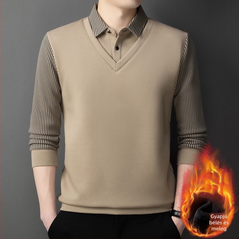 Fleece-öltött csíkos kötött felső, galléros, férfiaknak, őszi-téli szezon