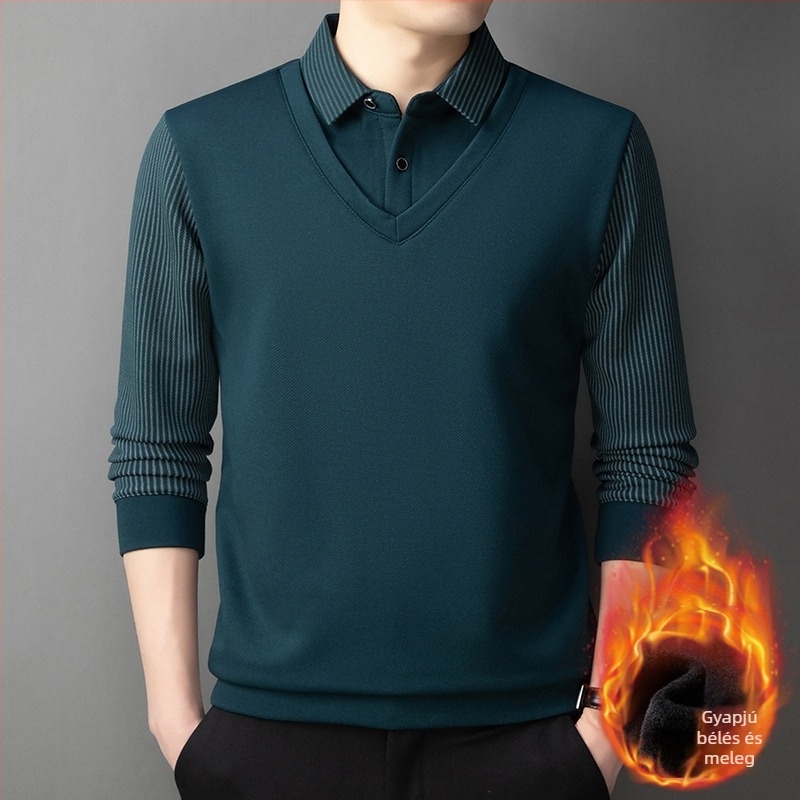 Fleece-öltött csíkos kötött felső, galléros, férfiaknak, őszi-téli szezon