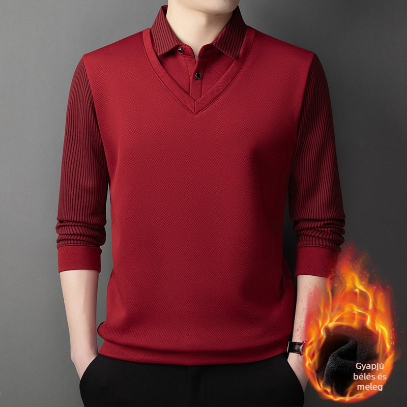 Fleece-öltött csíkos kötött felső, galléros, férfiaknak, őszi-téli szezon
