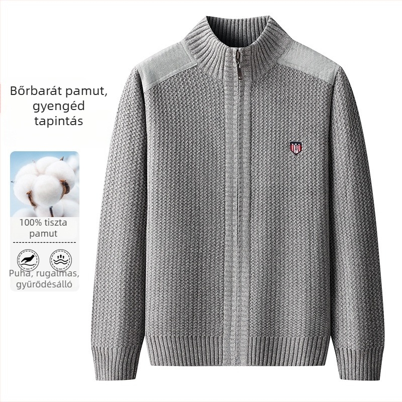 Férfi patchwork kardigán álló gallérral, 100% pamut, kötött, casual meleg őszi-téli szezon 2025
