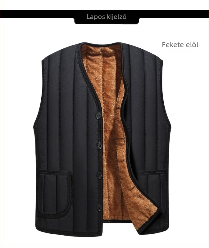 Téli mellény idős férfiaknak, vastag fleece-bélés, meleg és kényelmes mindennapi külső ruházat