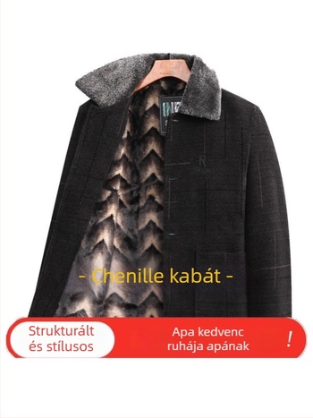 Férfi téli kabát galléros reverrel, egysoros záródás, laza szabás, patch zsebek, poliészter anyag