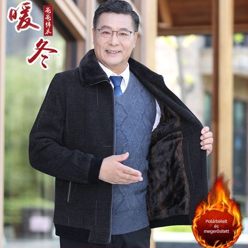 Férfi téli kabát galléros reverrel, egysoros záródás, laza szabás, patch zsebek, poliészter anyag