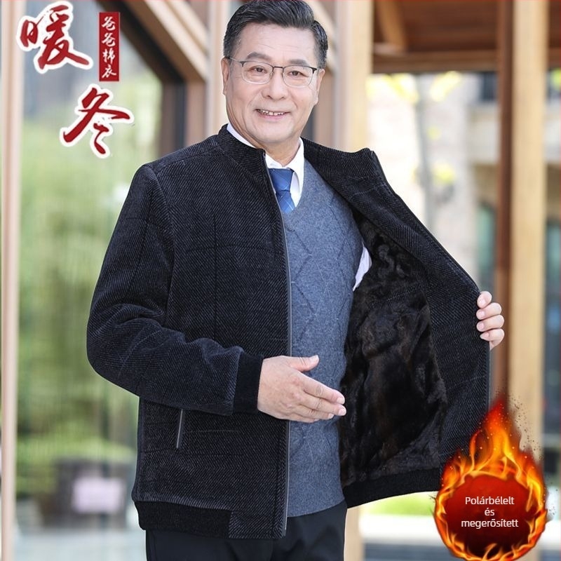 Férfi téli kabát galléros reverrel, egysoros záródás, laza szabás, patch zsebek, poliészter anyag