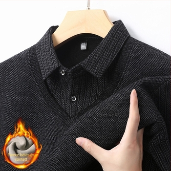 Férfiaknak szóló piros kötött pulóver fleece belsővel, vastag és meleg, látszólagos kettős réteg
