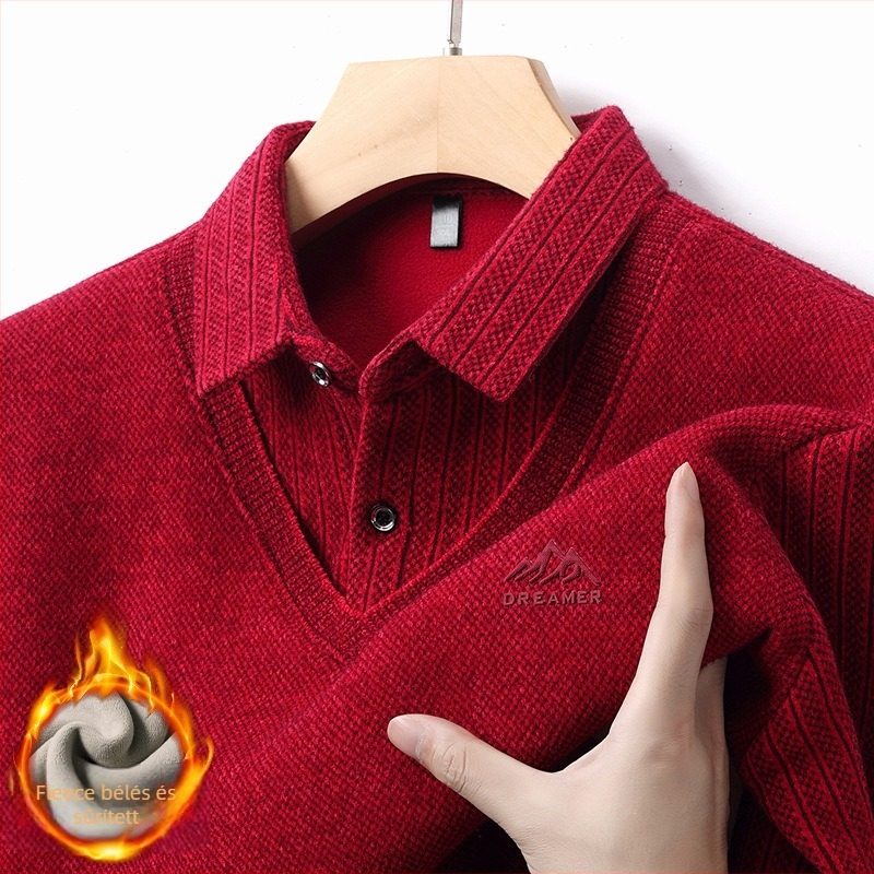 Férfiaknak szóló piros kötött pulóver fleece belsővel, vastag és meleg, látszólagos kettős réteg