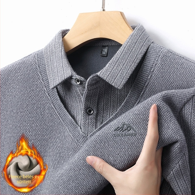 Férfiaknak szóló piros kötött pulóver fleece belsővel, vastag és meleg, látszólagos kettős réteg