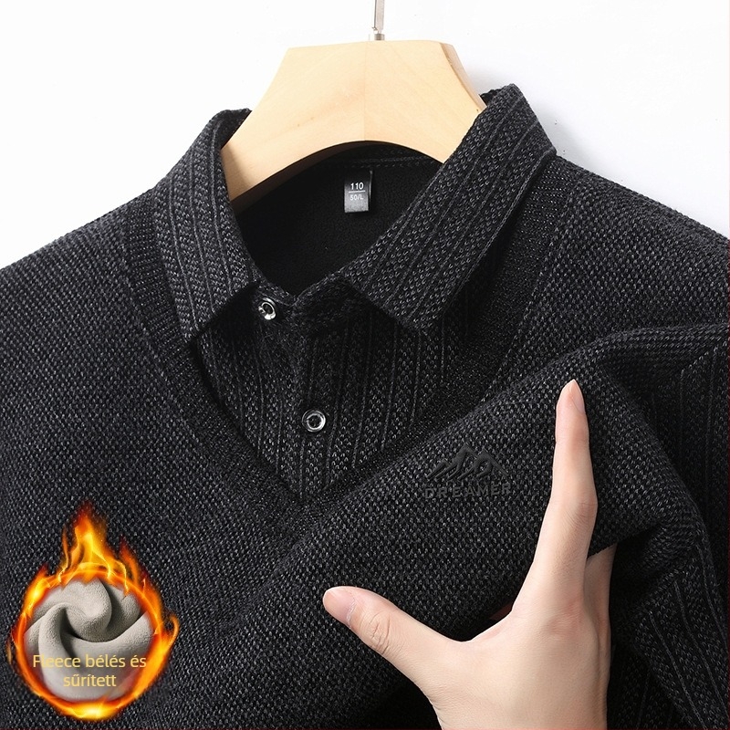 Férfiaknak szóló piros kötött pulóver fleece belsővel, vastag és meleg, látszólagos kettős réteg