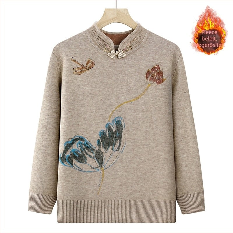 Női téli pulóver fleece-béléssel, vastag kötés, kapucnival, félmagas gallér, hosszú ujjú, laza vágás, poliészter 90–95%