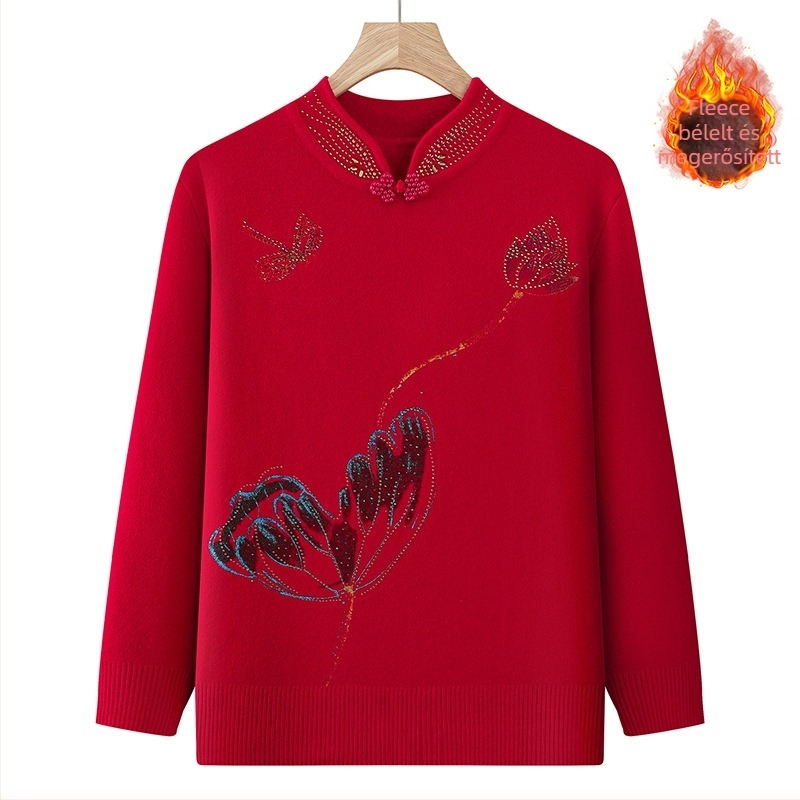 Női téli pulóver fleece-béléssel, vastag kötés, kapucnival, félmagas gallér, hosszú ujjú, laza vágás, poliészter 90–95%