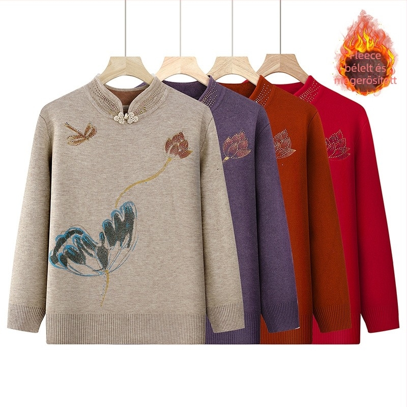 Női téli pulóver fleece-béléssel, vastag kötés, kapucnival, félmagas gallér, hosszú ujjú, laza vágás, poliészter 90–95%