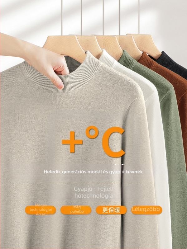 Férfi kötött pulóver Modal és gyapjú keverékből, fél magas gallér, belső fleece bélés, karcsú szabásvonal, bordázott alsó szegély