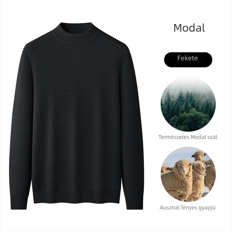 Férfi kötött pulóver Modal és gyapjú keverékből, fél magas gallér, belső fleece bélés, karcsú szabásvonal, bordázott alsó szegély