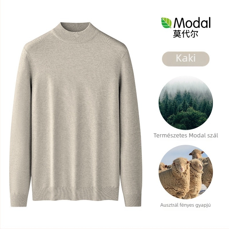 Férfi kötött pulóver Modal és gyapjú keverékből, fél magas gallér, belső fleece bélés, karcsú szabásvonal, bordázott alsó szegély