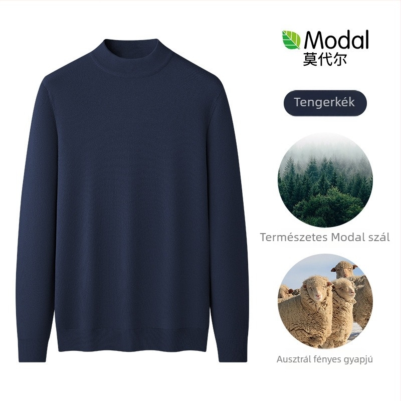 Férfi kötött pulóver Modal és gyapjú keverékből, fél magas gallér, belső fleece bélés, karcsú szabásvonal, bordázott alsó szegély