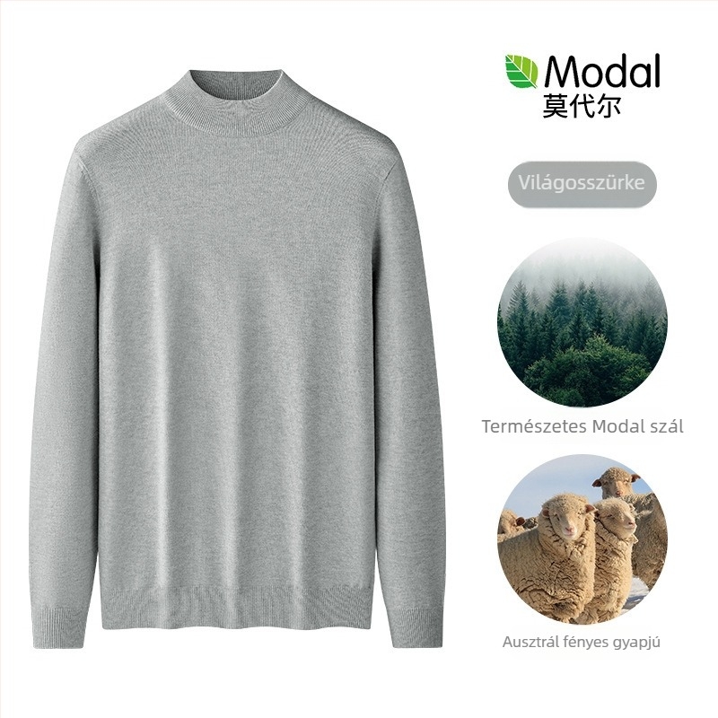 Férfi kötött pulóver Modal és gyapjú keverékből, fél magas gallér, belső fleece bélés, karcsú szabásvonal, bordázott alsó szegély