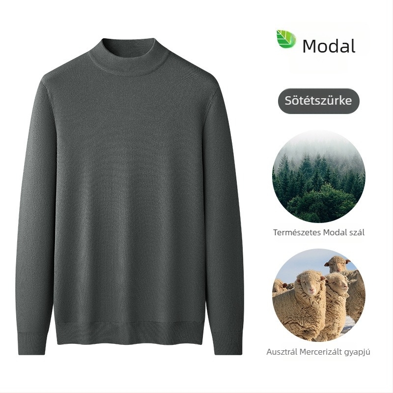 Férfi kötött pulóver Modal és gyapjú keverékből, fél magas gallér, belső fleece bélés, karcsú szabásvonal, bordázott alsó szegély