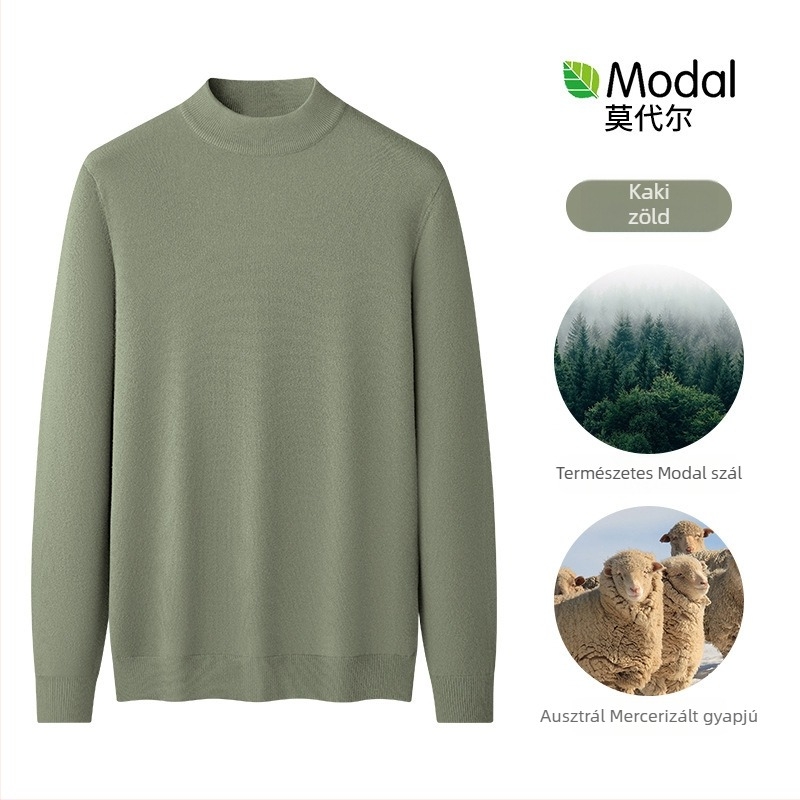 Férfi kötött pulóver Modal és gyapjú keverékből, fél magas gallér, belső fleece bélés, karcsú szabásvonal, bordázott alsó szegély