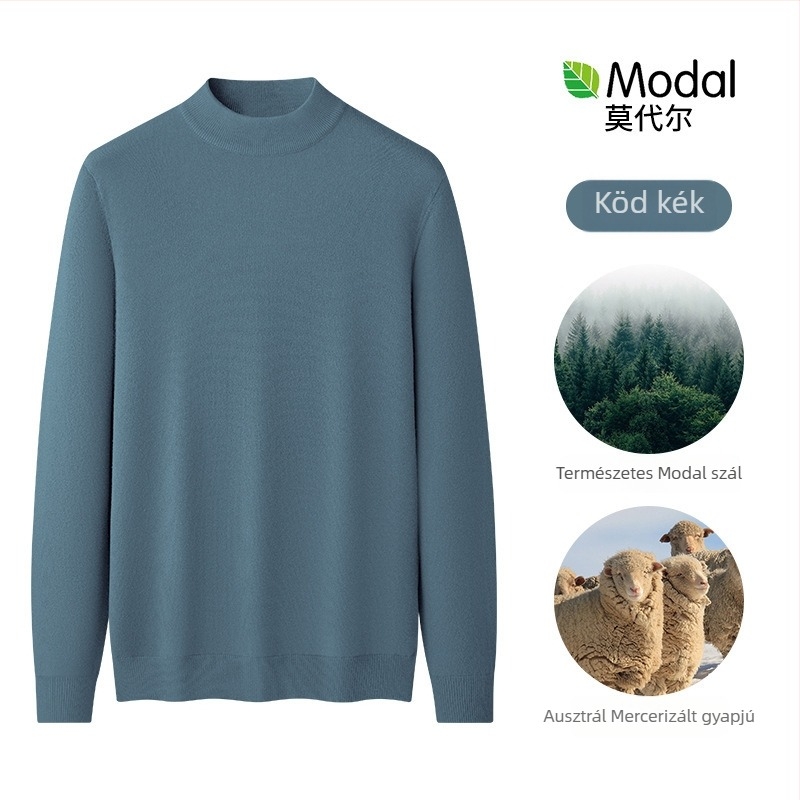 Férfi kötött pulóver Modal és gyapjú keverékből, fél magas gallér, belső fleece bélés, karcsú szabásvonal, bordázott alsó szegély