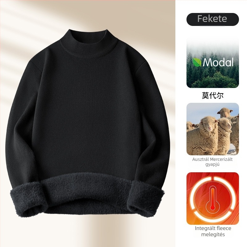 Férfi kötött pulóver Modal és gyapjú keverékből, fél magas gallér, belső fleece bélés, karcsú szabásvonal, bordázott alsó szegély