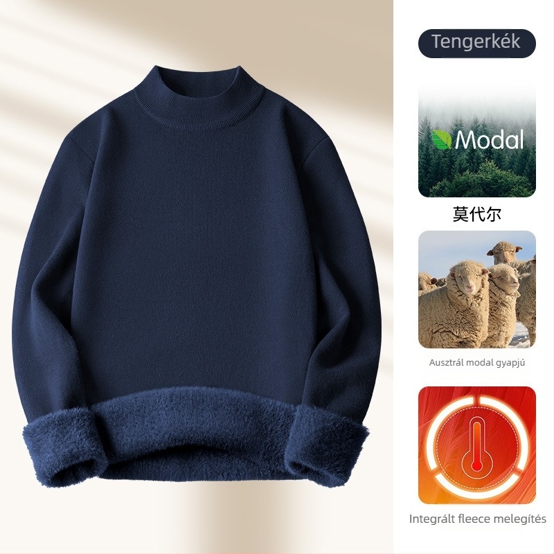 Férfi kötött pulóver Modal és gyapjú keverékből, fél magas gallér, belső fleece bélés, karcsú szabásvonal, bordázott alsó szegély