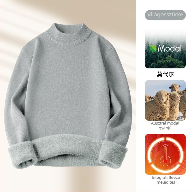 Férfi kötött pulóver Modal és gyapjú keverékből, fél magas gallér, belső fleece bélés, karcsú szabásvonal, bordázott alsó szegély