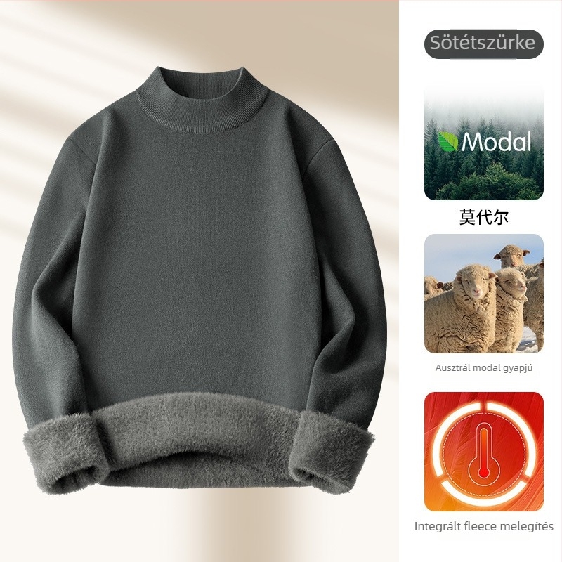Férfi kötött pulóver Modal és gyapjú keverékből, fél magas gallér, belső fleece bélés, karcsú szabásvonal, bordázott alsó szegély