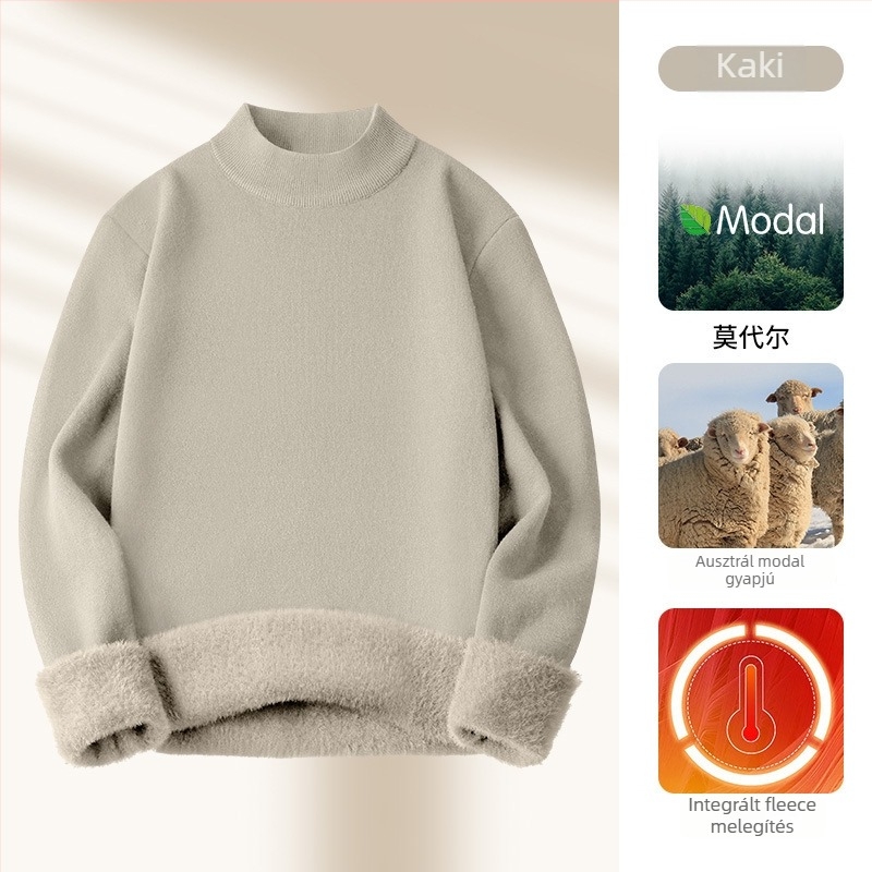 Férfi kötött pulóver Modal és gyapjú keverékből, fél magas gallér, belső fleece bélés, karcsú szabásvonal, bordázott alsó szegély