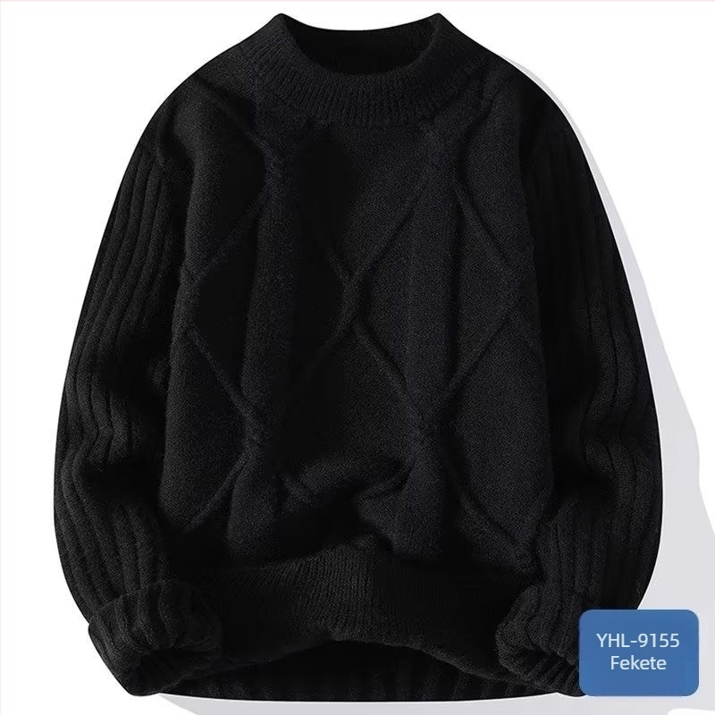 Férfi twistelt fonott pulóver, kerek nyak, laza szabás, hosszú ujjú — pamut-poliészter keverék